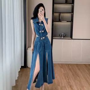 스파이더맨 원피스 데님 여성용 빈티지 여름 트임 롱스커트 허리 민소매 OPH1