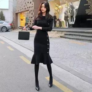 EAMT 치마 원피스 니트 미디 이너 여자원피스 봄가을 슬림 패션 랩 프릴 YJ3