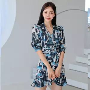 원피스 치마 여성용 가을 러블리 쉬폰 플레어 프린트 KS3