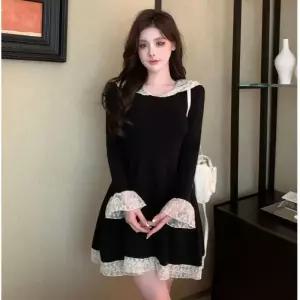 여자 원피스 치마 프렌치 레이스 패치 검정 긴팔 KS3
