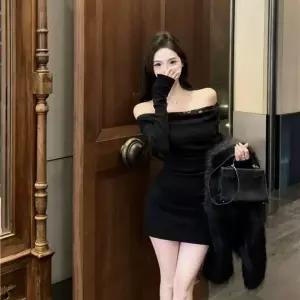 원피스 스커트 블랙 여친 가을 레이스 패치 오프숄더 긴팔 슬림 랩 조거 타이트 KS3