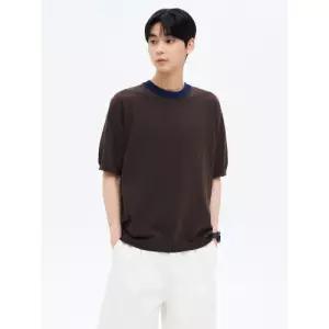 에잇세컨즈 넥라인 배색 라운드 반소매 니트 브라운 니트풀오버 반소매니