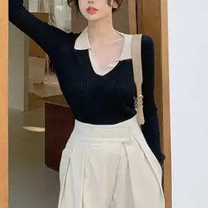 여성 가을 데일리 의류 반오픈 카라 브이넥 티셔츠