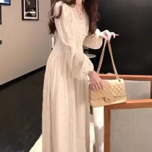 EAMT 여성 원피스 스커트 롱 가을 빈티지 브이넥 긴팔 쉬폰 프렌치 슬림핏 A라인 YJ3