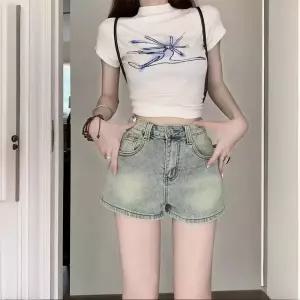 EAMT 청 여성용 빈티지 여름 청반바지 핫팬츠 반바지 하이웨스트 슬림 오버롤 와이드 얇은 스타일 EUNG2