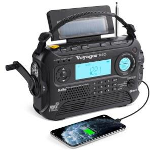 카이토 보이저 프로 KA600 디지털 솔라 다이너모 핸드 크랭크 AM /FM /LW /SW & NOAA 날씨 비상 라디오, 손전등, 독서등, 스마트폰 충전기 RDS 및 실시간 경보, AC 어댑터, 블랙 지원