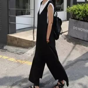 오너클랜 WL 깔끔한 블랙 점프수트 넉넉한 핏 여성점프수트 여성점프슈트 여름점프슈트