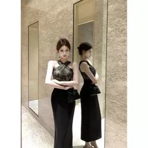 여성 치마 원피스 망사 여름 펜슬 홀터넥 비즈 레이스 슬림 KS1