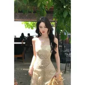 원피스 치마 여자 롱 봄 레이스 부드러운 크림 계열 허리 펀칭 나시 KS1