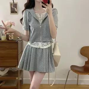 [아리엘스타일]레이스레이어드 플리츠셋업 캐주얼룩 클렌타투피스