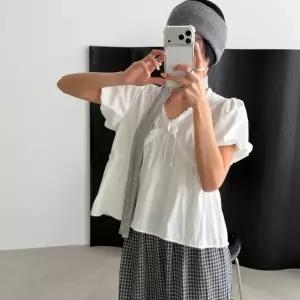 여자 리본 레이스 퍼프 여름반팔 브이넥 여름 블라우스