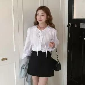 여성 프릴 카라 레이스 퍼프 소매 셔츠