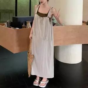 바캉스룩 스트랩 포인트 멜빵 롱원피스 루즈핏 여름 바캉스코디