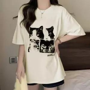[골드스마일]여성용 여름 라운드 반팔 고양이 프린트 캐주얼 티셔츠
