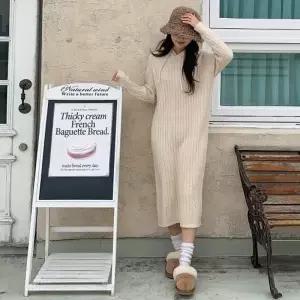 CHO5AE0여성 캐주얼 후드 꽈배기 롱 니트 드레스