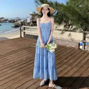 CCO5B69여성 여름 리조트 플라워 스모크 밴딩 쉬폰 레이어드 롱드레스