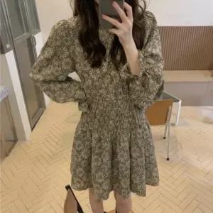 CCO5B4A여성용 봄가을 플라워 스모크 밴딩 긴팔 미니 드레스