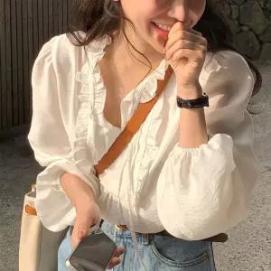 화이트 리본 프릴 블라우스 전문 모기 구이 여성 체험 커버 데님 스커트 파스 여과기 소품
