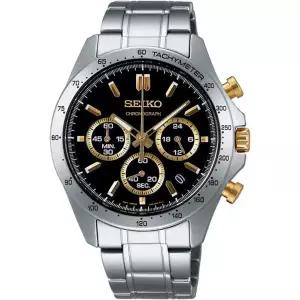 Seiko 세이코 SBTR015 남성용 1/5초 크로노그래프 쿼츠 손목시계 블랙 x 골드 3면 60분