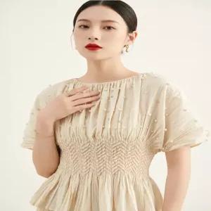 [벤자][BENJA] 플리츠 비즈 큐빅 퍼프 반소매 블라우스 컬러다양