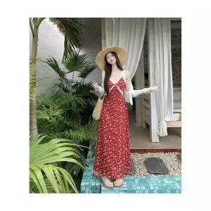 와칸다 여성 여친 원피스 레이스 슬림핏 레드 나시 바캉스룩 롱스커트 KKE1