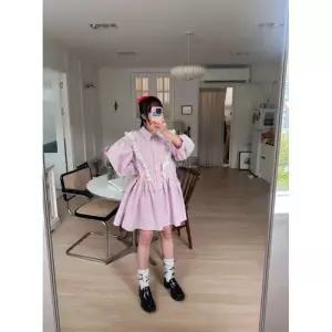 무천도사 원피스 여자 여사친 봄 슬림핏 레이스 터틀넥 러블리 긴팔 스트라이프 KKE1