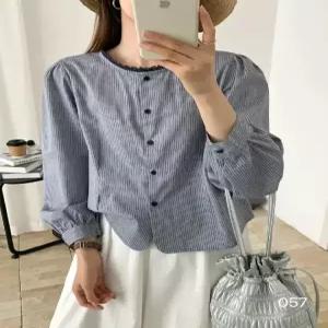 포뇨 캐주얼 여자 면 라운드 상의 가을옷 스트라이프 셔츠 OPH3