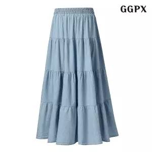 [GGPX]캉캉 데님 플레어 롱 스커트 (GPBWH011D)