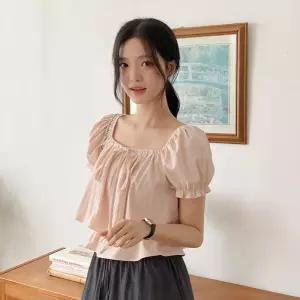(2way/오프숄더/러블리무드) 뮤잉 밴딩 리본 캉캉 반팔 블라우스 bs8205
