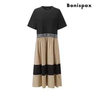 보니스팍스 레터링 밴딩 라운드 컬러 배색 반팔 롱 원피스 XO2OW032L0 981865