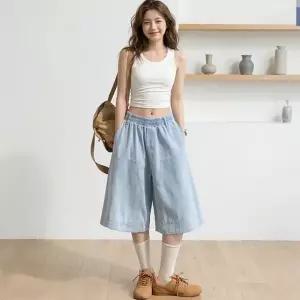 여성 밴딩 반바지 데일리 와이드 빅사이즈 여성 버뮤다 팬츠 루즈핏 여름 청바지 데님