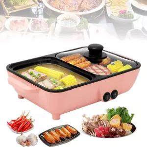 2-in-1 전기 그릴 및 냄비 1200W 논스틱 실내 바비큐 샤부샤부 팬 듀얼 존 온도 조절 1-4인용 홈 파티 가족