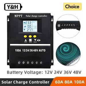 Y&H MPPT 60A 80A 100A 태양광 충전 컨트롤러(LCD 듀얼 USB 출력  12V 24V 36V 48V 납산 리튬 배터리 포함)
