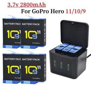 GoPro Hero 11 10 9 용 2800mAh 액세서리 3 방향 LED 조명 배터리 충전기 보관함 정리함