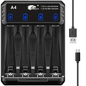 IMREN 리튬 AAA 배터리 충전기, 1.5V 이온 / 1.2V NiMH NiCD 배터리, 5V 2A USB-C 4 베이 충전기
