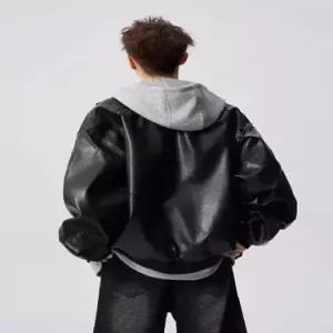 남친 빈티지 봄 가을 캐주얼 페이크 투피스 데일리룩 항공 점퍼 후드 PU가죽 자켓 코트 인기3