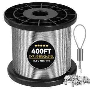 36 스테인리스 스틸 케이블 400FT /32인치 와이어 로프 7 스트랜드 00Pcs 알루미늄 슬리브 스톱 스트링 라이트 걸이용 야외 가이드 빨랫줄 트렐리스(400FT) 1