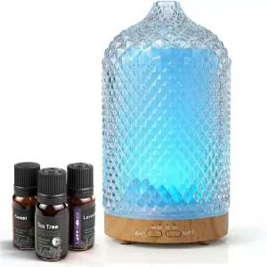 에센셜 오일 3가지 디퓨저 유리 아로마 타이머가 있는 소형 200ml 7개의 ED 컬러 조명 사무실 홈룸 장식용