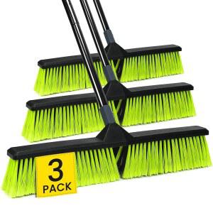 3 PK 24인치 푸시 빗자루 야외용, 63인치 긴 손잡이가 있는 튼튼한 빗자루, 실내 바닥 청소를 위한 칫솔모가 차고용 가든 파티오 데크 창고 잔디밭 진입로 스크러빙