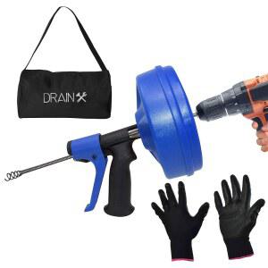 DrainX SPINFEED 35피트 스네이크 드럼 오거 | 드릴 파워 또는 수동 사용 - 자동 연장 및 후퇴 작업 장갑 보관 가방 포함