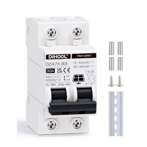 DIHOOL 태양광 분리 스위치 30암페어 2극 DIN 레일 마운트 비편광 12V 24V 48V 400V AC DC 회로 차단기 RV 배터리 아이솔레이터 PV 어레이 MCB 자기 트립