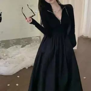 [옷은날개] 여성 A라인 플레어 니트 롱 원피스 반집업 긴팔 일체형