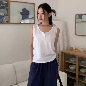 여성 린넨혼방 오버사이즈 민소매 버튼 나시