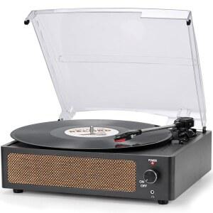 스피커가 있는 비닐 레코드 플레이어 빈티지 무선 3단 LP 벨트 테이블 재생 라인 RCA AUX 사운드 축음기 속도 헤드폰 블랙 즐거움을 구동 IN 레코드용 턴테이블 위한