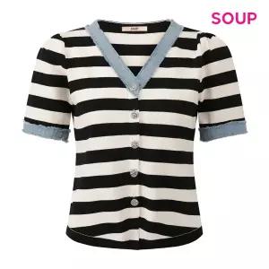 [롯데백화점]SOUP 데님 배색 V넥 스트라이프 배색 버튼 니트 S65LK04