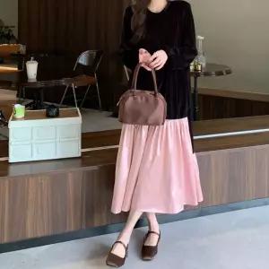 데이트룩 블랙 핑크 배색 활용도 좋은 벨벳 롱원피스