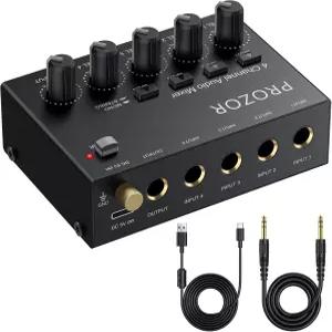 PROZOR 미니 오디오 믹서 4채널 라인 - 볼륨 제어 및 스테레오 모노 스위치가 있는 USB-C 전원 서브 기타