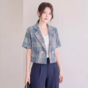[모리스커밍홈] 체크 더블버튼 반팔 린넨 자켓_M2605JK049B