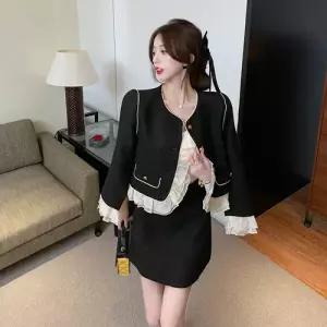 빛채운 검정 투피스 라운드 하프코트+숏스커트 프렌치 프릴 여성투피스 OPH1