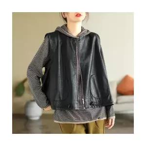 EAMT 여자 봄가을 블랙 집업 민소매 조끼 루즈핏 가죽 빈티지 PU YJ1